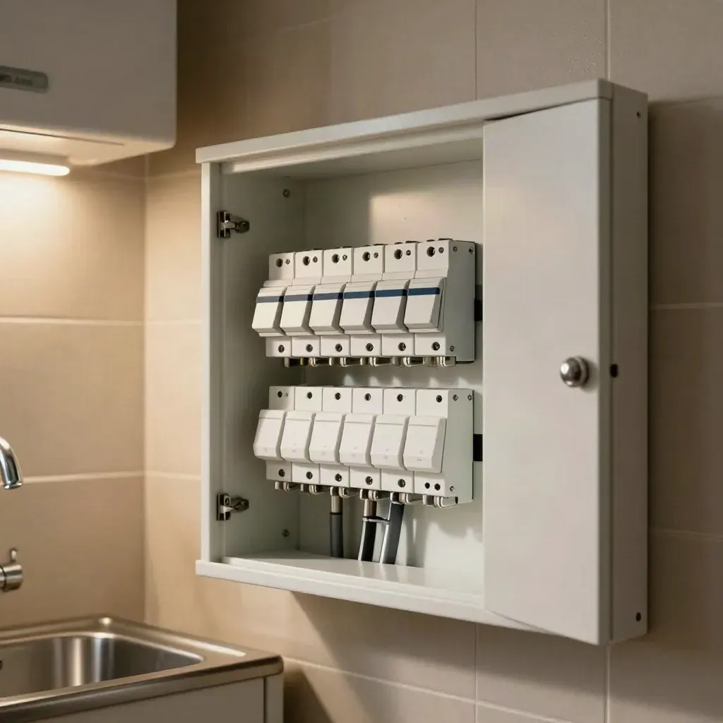 Modern consumer unit and utility sink in a moody finished utility room, lit by a raking beam.
