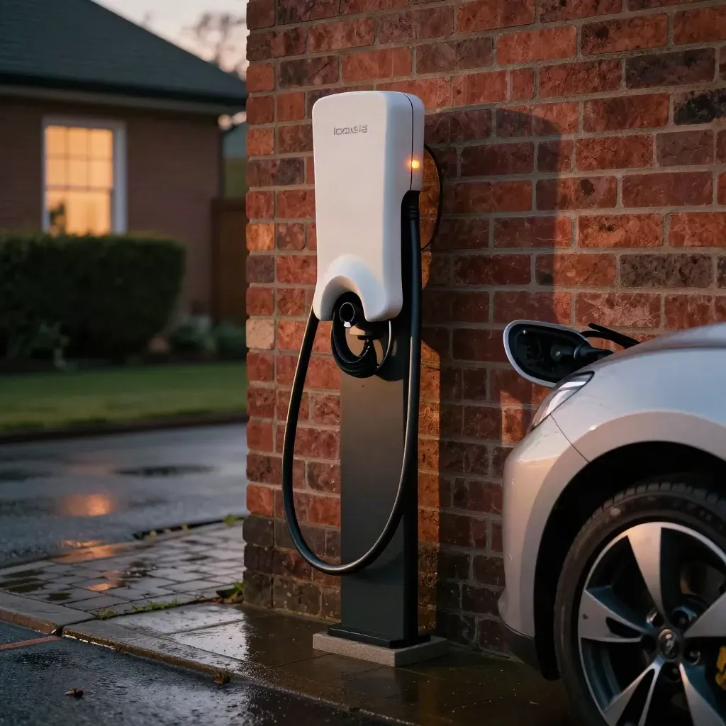 EV charger beside a parked car on a damp driveway at dusk