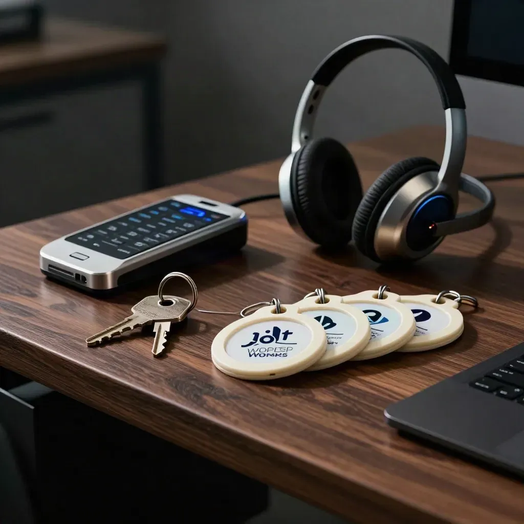 Dramatic dispatch still life with work phone dock, van keys, headset cradle, and site fobs on dark wood.