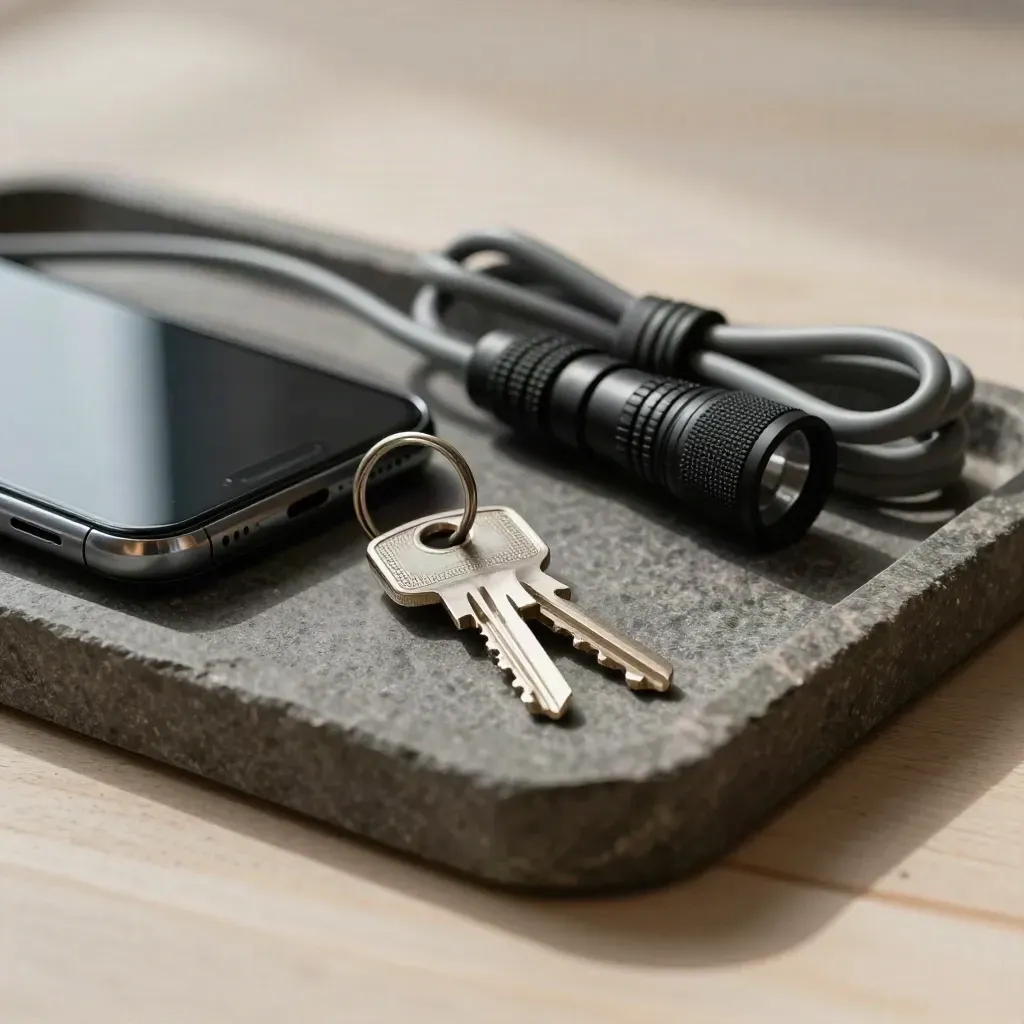Dark phone, keys, torch and coiled lead on a stone tray in soft side light.