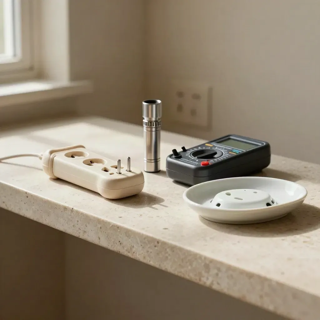 Socket tester, torch, multimeter and faceplate arranged in a stone tray on a shelf.