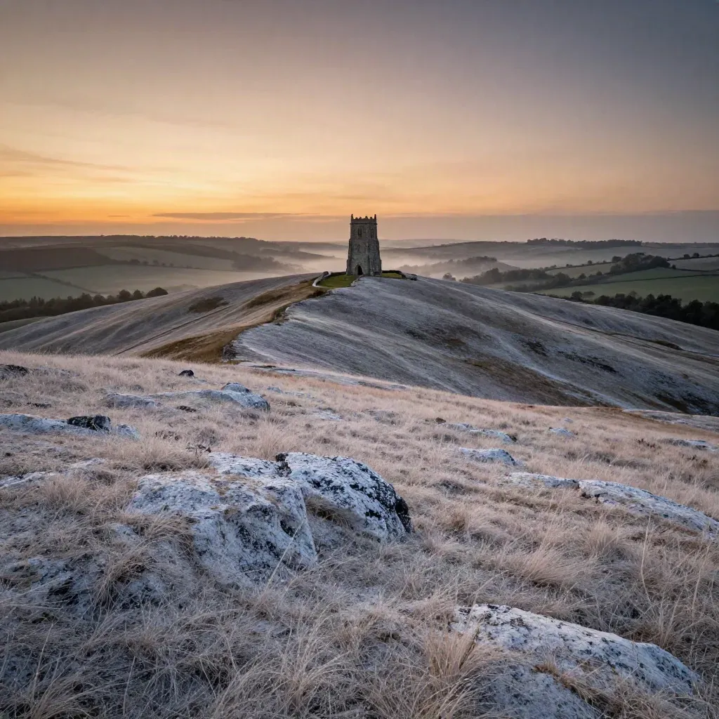 West Surrey chalk downs at sunset with a lone church tower above misty valley