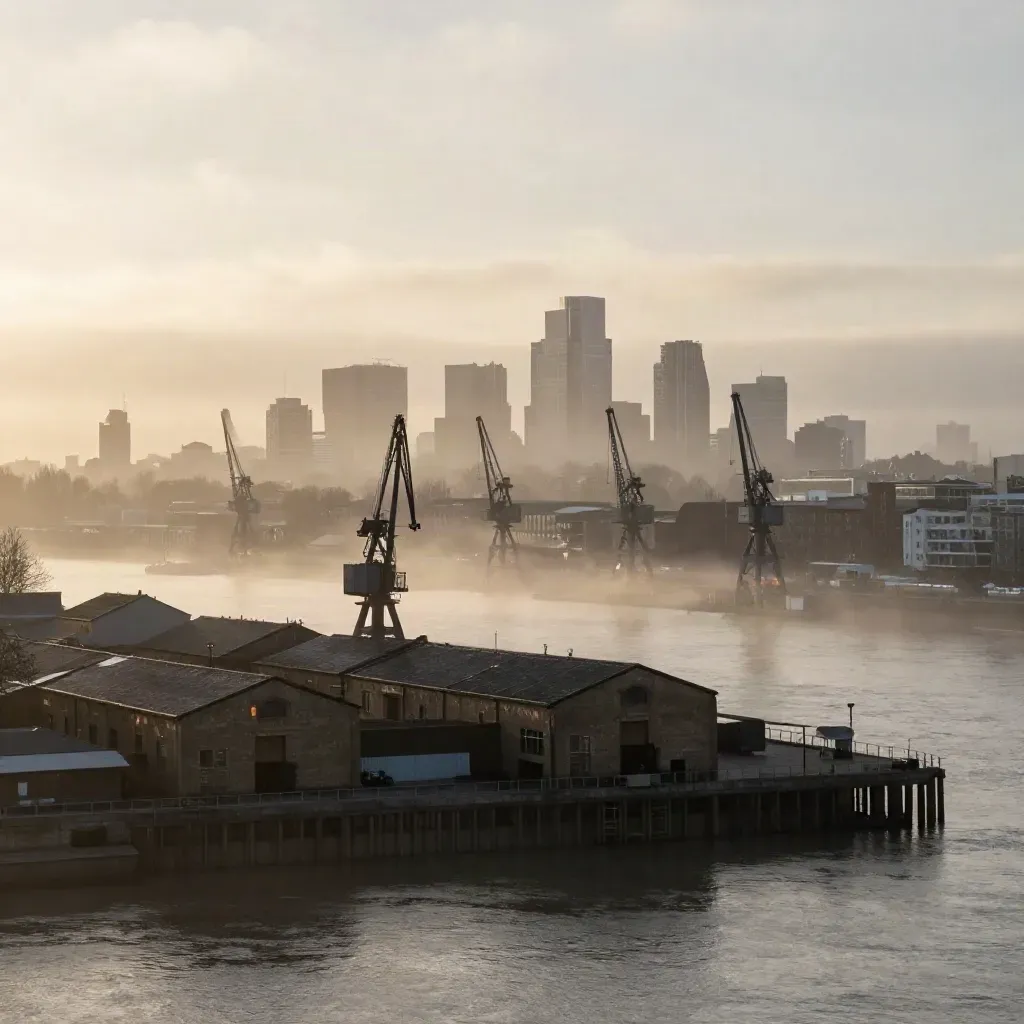East London cranes and warehouses above calm river mist at dawn
